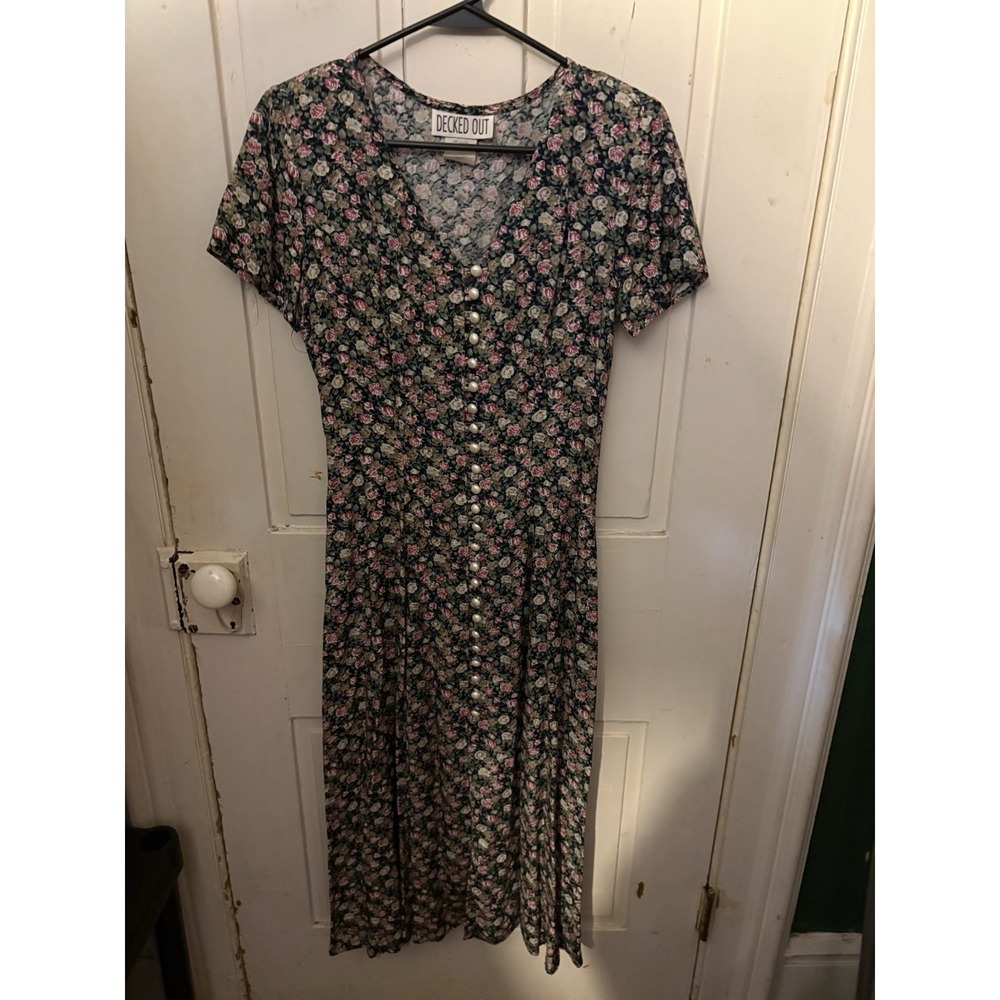 Vintage Decked Out Floral Midi Dress 3/4 Pearl Buttons Lace-Up Back 90s - Picture 2 of 7
